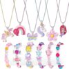 Lorfancy 12 Pcs Kids Bracelet Necklace for Girls Unicorn Mermaid Beaded Bracelets Toddler Cute Charm Play Jewelry Set Little Girls Colorful Friendship Dress up Gifts