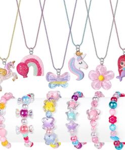 Lorfancy 12 Pcs Kids Bracelet Necklace for Girls Unicorn Mermaid Beaded Bracelets Toddler Cute Charm Play Jewelry Set Little Girls Colorful Friendship Dress up Gifts