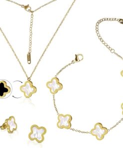 Lucky Clover Sets 18K Gold Plated, Double-sided Lucky Clover Bracelet, Earring, Necklace Pendant for Women, Ladies