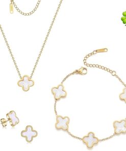 Lucky Clover Sets,18K Gold Plated Four Leaf Bracelet,Clover Necklace Pendant,Clover Earrings for Women Flower Link Bracelets Set Jewelry Gifts for Women