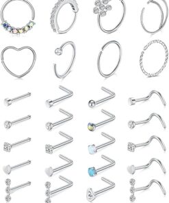 Mayhoop 20g Stainless Steel Nose Rings Hoop L Shape Nose Studs Nose Screw Bone Silver Rose Gold Black Rainbow Pack for Women Men 28Pcs