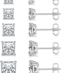 MDFUN 18K White Gold/Yellow Gold/Rose Gold Plated Princess Cut Square Clear Cubic Zirconia Stud Earring Pack of 5 Pairs