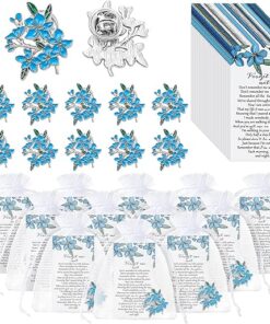 Memorial Pins Bulk Celebration of Life Funeral Favors Includes Forget Me Not Flower Lapel Pin Brooches Memorial Poem Cards Organza Bags Memorial Gifts Charms for Who Loss Loved One