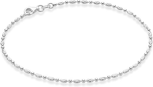 Miabella 925 Sterling Silver Diamond-Cut Oval and Round Bead Ball Chain Anklet Ankle Bracelet for Women, Made in Italy