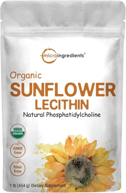 Micro Ingredients Organic Sunflower Lecithin Powder, 1 Pound, Sustainable Farmed, Cold Pressed, Rich in Phosphatidyl Choline and Protein, Making Liposomal Vitamin C, Lactation...