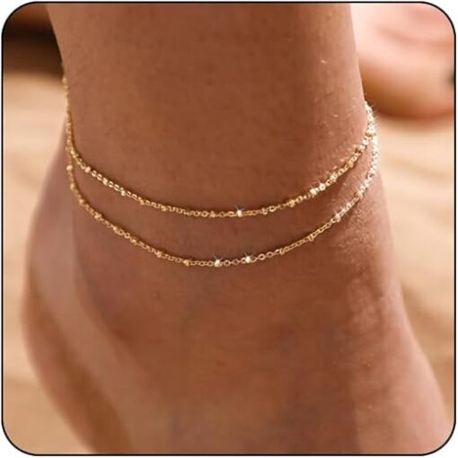 MIDEEO Gold/Silver Ankle Bracelets for Women,14K Gold Anklets for Women Waterproof Cuban Link Heart Beads Herringbone Rhinestone Anklets Set Layered Anklet Bracelets for Women...