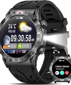 Military Smart Watches for Men (Call Receive/Dial) with LED Flashlight, 1.43" AMOLED Rugged Smartwatch con Compass/Altimeter/Barometer