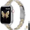 MioHHR Slim Metal Band Compatible with Apple Watch Band 41mm 40mm 38,mm,Dressy Stainless Steel Chain Strap for Women iWatch Bands Series 9 8 7 6 5 4 3 2 1 SE,Silver/Gold