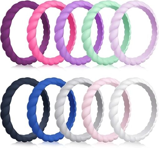 MOKANI Silicone Wedding Ring for Women, 10 Pack Thin and Braided Rubber Band, Fashion, Colorful, Comfortable fit, Skin Safe