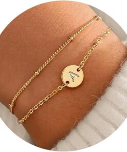 MONOZO Gold Initial Bracelets for Women Trendy - Dainty 18K Gold Plated Layered Beaded Letter Initial Bracelet Personalized Disc Monogram Bracelet Gold Bracelets for Women...