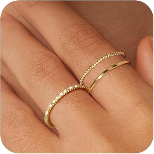 Moodear 3PCS Thin Stackable Ring Set - Dainty 14K Gold Plated Thumb CZ Rings for Women Non Tarnish Size 5-12