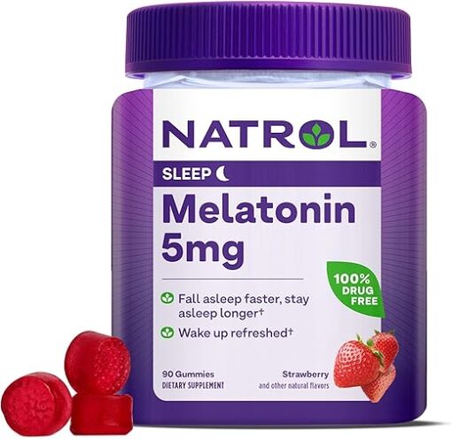 Natrol 5mg Melatonin Gummies, Sleep Support for Adults, Melatonin Supplements for Sleeping, 90 Strawberry-Flavored Gummies, 45 Day Supply