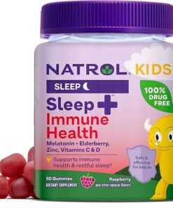 Natrol Kids Sleep+ Immune Health Gummies with Melatonin, Zinc, Vitamin C and D, Elderberry, 50 Raspberry Flavored Melatonin and Immune Health Gummies, 50 Day Supply