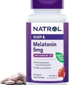 Natrol Sleep Melatonin 5mg Fast Dissolve Tablets, Nighttime Sleep Aid for Adults, 90 Strawberry-Flavored Melatonin Tablets, 90 Day Supply