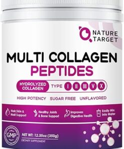 NATURE TARGET Multi Collagen Peptides Powder - Type I, II, III, V, X - Hydrolyzed Collagen Peptides with Vitamin C Hyaluronic Acid, Supports Skin Hair Nail & Joint, Grass-Fed,...