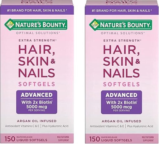 Nature's Bounty Hair, Skin & Nails Rapid Release Softgels, Argan-Infused Vitamin Supplement with Biotin and Hyaluronic Acid, Supports Hair, Skin, and Nail Health for Women, 150...