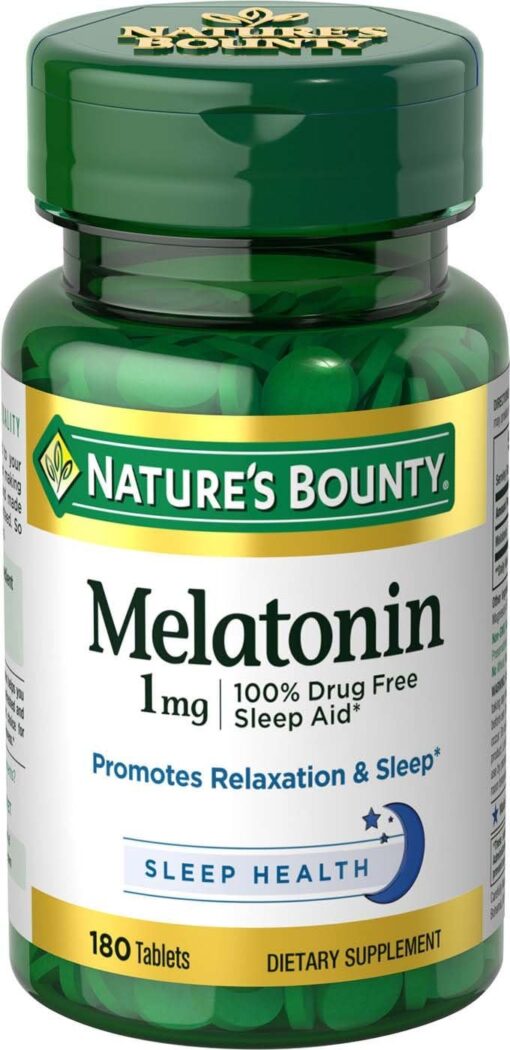 Nature's Bounty Melatonin, 100% Drug Free Sleep Aid, Promotes Relaxation and Sleep Health, 1mg, 180 Tablets