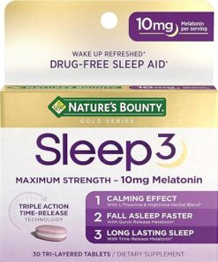 Nature's Bounty Melatonin, Sleep3 Maximum Strength 100% Drug Free Sleep Aid, Dietary Supplement, L-Theanine & Nighttime Herbal Blend Time Release Technology, 10mg, 30...