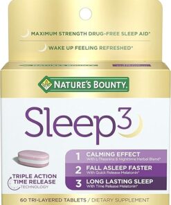 Nature's Bounty Sleep3 Melatonin 10mg, Maximum Strength 100% Drug Free Sleep Aid, Dietary Supplement, L-Theanine & Nighttime Herbal Blend Time Release Technology, 60 Tri-Layered...