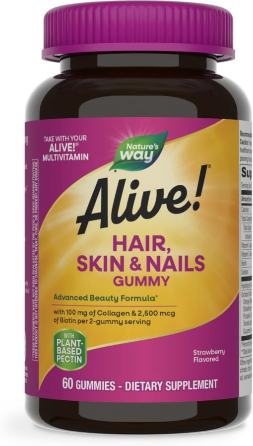 Nature's Way Alive! Hair, Skin & Nails Gummies, Advanced Beauty Formula*, with Biotin and Collagen, Strawberry Flavored, 60 Gummies (Packaging May Vary)