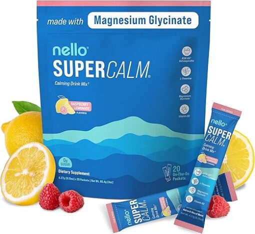 Nello Supercalm Powdered Drink Mix, Raspberry Lemonade, L Theanine, Ksm-66 Ashwagandha, Magnesium Glycinate, Vitamin D 3, Supplements for Relaxation & Focus, No Sugar, Non GMO,...