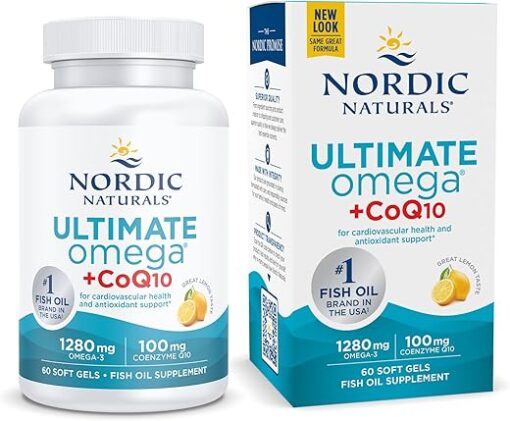 Nordic Naturals Ultimate Omega + CoQ10, Lemon - 60 Soft Gels - 1280 mg Omega-3 + 100 mg CoQ10 - Heart Health, Cellular Energy, Antioxidant Support - Non-GMO - 30 Servings