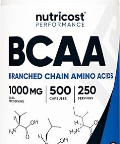 Nutricost BCAA 1000mg, 500 Capsules (250 Serv), 2:1:1 Branched Chain Amino Acids (500mg of L-Leucine, 250mg of L-Isoleucine and L-Valine)