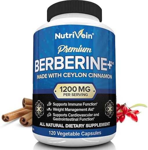 Nutrivein Premium Berberine HCL 1200mg Plus Organic Ceylon Cinnamon - 120 Capsules - Supports Immune System, Weight Management - Berberine HCI Supplement