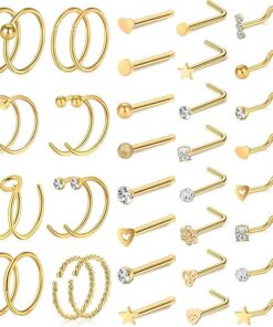 ONESING 35-70 PCS 18G 20G Nose Rings for Women Nose Piercings Jewelry Gold Nose Rings Hoops L Shape Nose Rings Studs Screw 316L Surgical Stainless Steel Nose Rings for Men Women