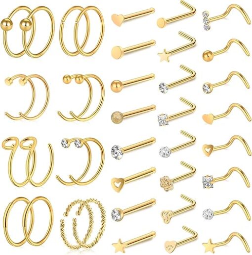 ONESING 35-70 PCS 18G 20G Nose Rings for Women Nose Piercings Jewelry Gold Nose Rings Hoops L Shape Nose Rings Studs Screw 316L Surgical Stainless Steel Nose Rings for Men Women