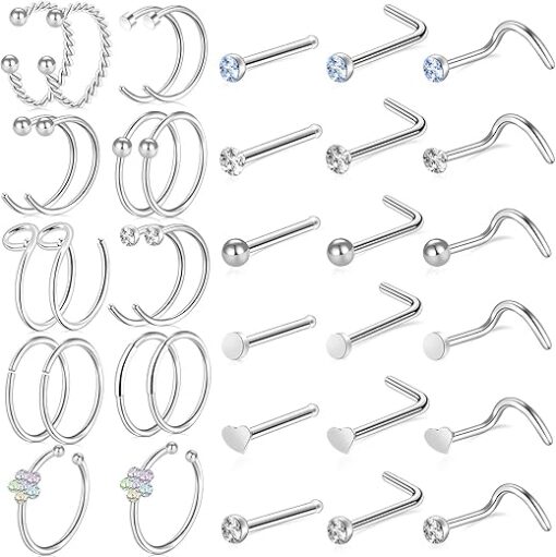 ONESING 9-40 Pcs 20G Nose Rings for Women Nose Piercings Jewelry Nose Rings Hoops L Shape Nose Studs Screw Hypoallergenic Nostril Surgical Stainless Steel Nose Rings Studs for...