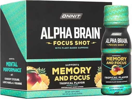 Onnit Alpha BRAIN Focus Energy Shot Supplement - Energy, Focus, Mood, Stress, Brain Booster Drink - Tropical (2.5 fl oz, 6 ct)