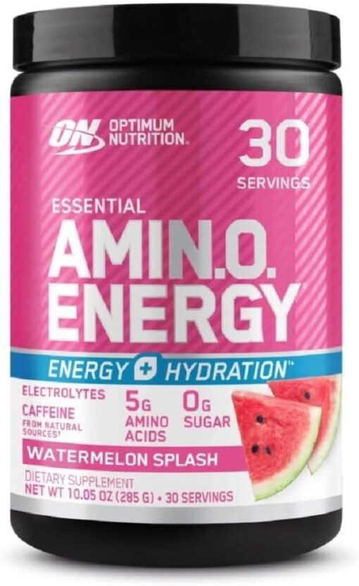 Optimum Nutrition Amino Energy Powder Plus Hydration, with BCAA, Electrolytes, and Caffeine, Watermelon Splash, 30 Servings (Packaging May Vary)