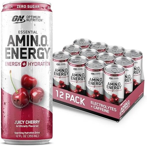 Optimum Nutrition Amino Energy Sparkling Hydration Drink, Electrolytes, Caffeine, Amino Acids, BCAAs, Sugar Free, Juicy Cherry, 12 Fl Oz, 12 Pack (Packaging May Vary)