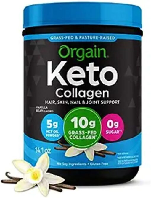 Orgain Keto Collagen Protein Powder, Vanilla - 10g Grass Fed Hydrolyzed Collagen Peptides for Women & Men, Type I & III, 5g MCT Oil - Hair, Skin, Nail, & Joint Support, Non-GMO,...