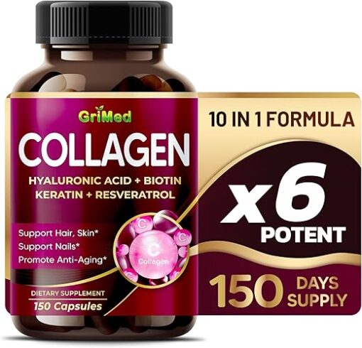 Organic Collagen 6,419 mg with Hyaluronic Acid, Biotin, Keratin, Resveratrol Hair Skin, Nails Vitamins - Made in The USA (90 Count (Pack of 1))