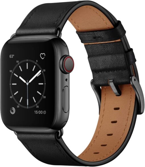 OUHENG Compatible with Apple Watch Band 49mm 45mm 44mm 42mm, Genuine Leather Band Replacement Strap Compatible with Apple Watch Ultra 2/1 Series 9/8/7/6/5/4/3/2/1/SE/SE2, Black...