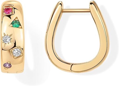 PAVOI 14K Gold Plated 925 Sterling Silver Posts Chunky Huggie Earrings for Women | Multi-Colored Cubic Zirconia Statement Hoop Earrings