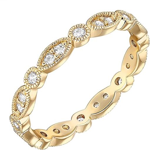 PAVOI 14K Gold Plated Cubic Zirconia Band | Round Milgrain Eternity Bands | Gold Rings for Women