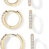 PAVOI 18K Gold Plated 925 Sterling Silver Post, 3 Pairs Small Gold Hoop Earrings Set | Mini Cartilage Helix Huggie Hoop Pack for Women Men 8mm 10mm 12mm