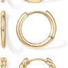 PAVOI 18K Gold Plated 925 Sterling Silver Posts 3 Pairs Small Hoop Earrings Set | Cubic Zirconia Plain Rope Huggie Hoops for Women | Lightweight Earrings Pack