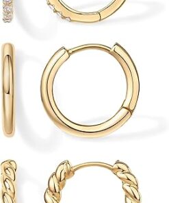 PAVOI 18K Gold Plated 925 Sterling Silver Posts 3 Pairs Small Hoop Earrings Set | Cubic Zirconia Plain Rope Huggie Hoops for Women | Lightweight Earrings Pack