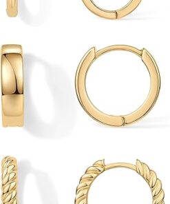 PAVOI 18K Gold Plated Sterling Silver Posts 3 Pairs Small Hoop Earrings Set | Plain Rope Wide Huggie Hoop Pack Earscape for Women 15mm 14mm 12mm