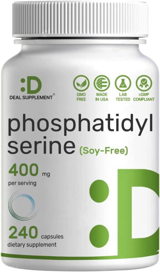 Phosphatidylserine Supplement, 400mg Serving, 240 Capsules – Soy Free Sunflower Lecithin Source