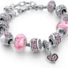 Pink Hearts Silver Plated Charm Bracelet Set, Jewelry Gifts with Beads, Charms, and Adjustable Snake Chain, Fits 7.5"+1.5"