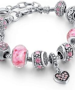 Pink Hearts Silver Plated Charm Bracelet Set, Jewelry Gifts with Beads, Charms, and Adjustable Snake Chain, Fits 7.5"+1.5"