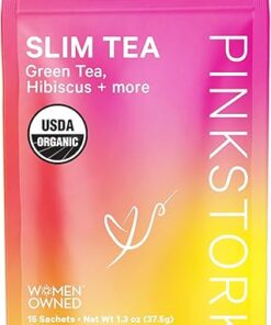 Pink Stork Organic Slim Tea - Dandelion Root, Green Tea, Ginger and Hibiscus for Detox, Bloating Relief, Metabolism Support, and Energy - Approximately 35 mg Caffeine - 15 Sachets