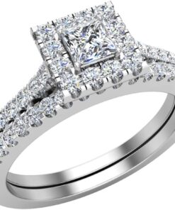 Princess Cut Square Halo Diamond Wedding Ring Set 0.70 ctw 14K Gold