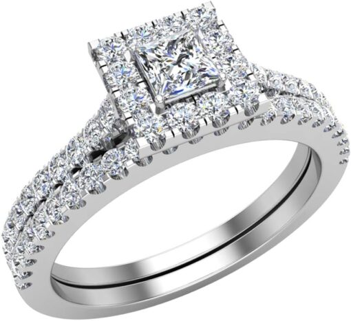 Princess Cut Square Halo Diamond Wedding Ring Set 0.70 ctw 14K Gold