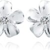 Reffeer Solid 925 Sterling Silver Plumeria Flower Stud Earrings for Women Teens Crystal Flower Stud Earrings